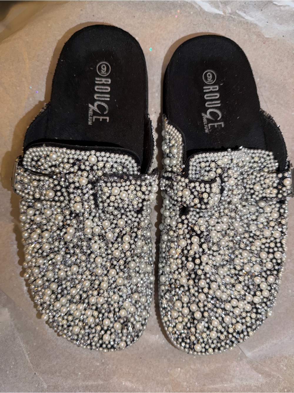 Rouce Pearl & Rhinestone Embellished Black Slide Mules